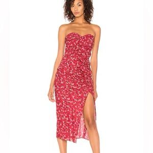 LIKELY Ali Strapless Ruffle Red Floral Midi Dress Size 6